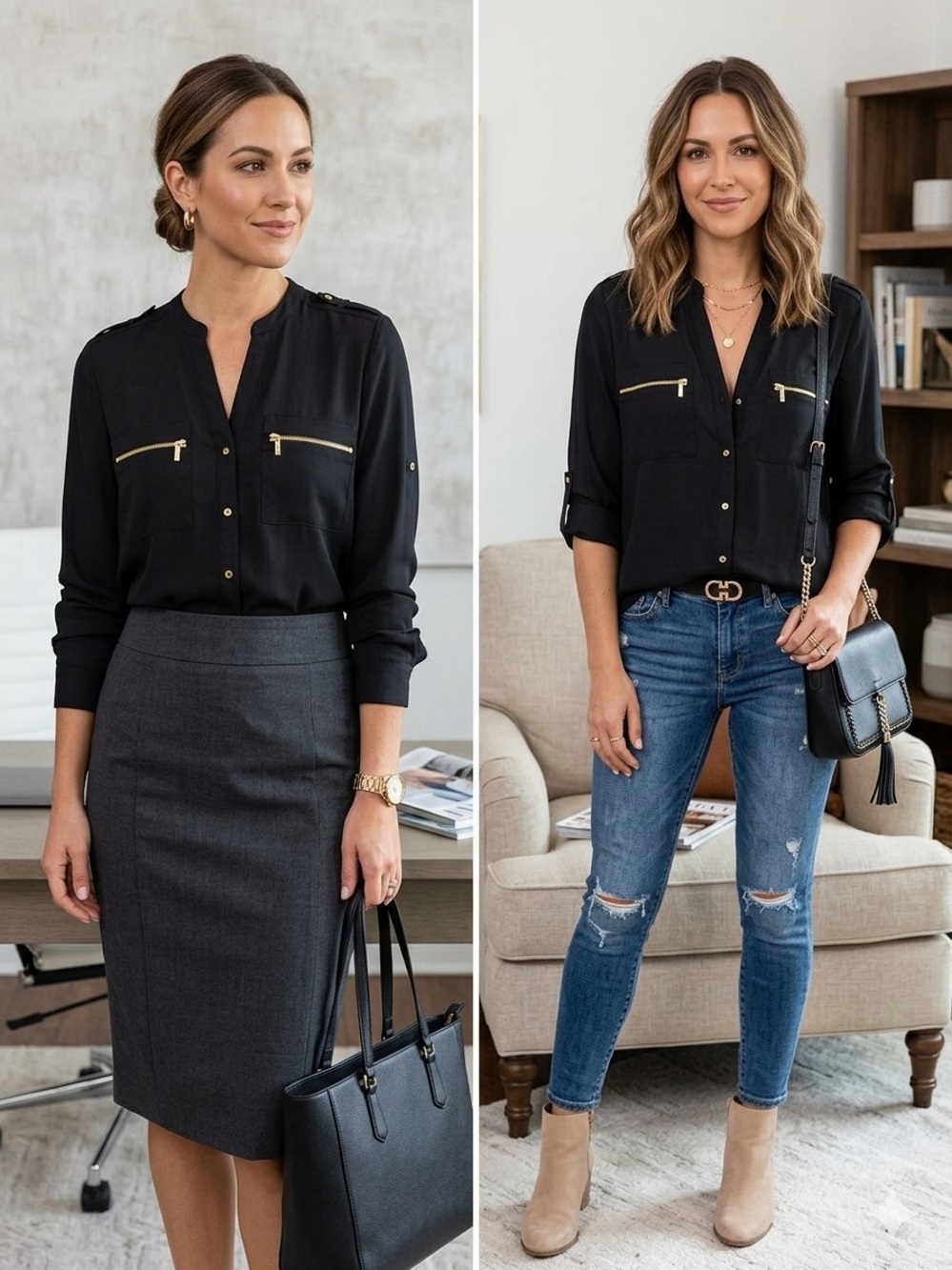 Calvin Klein Black Button-Front Blouse with Gold Zipper Accents